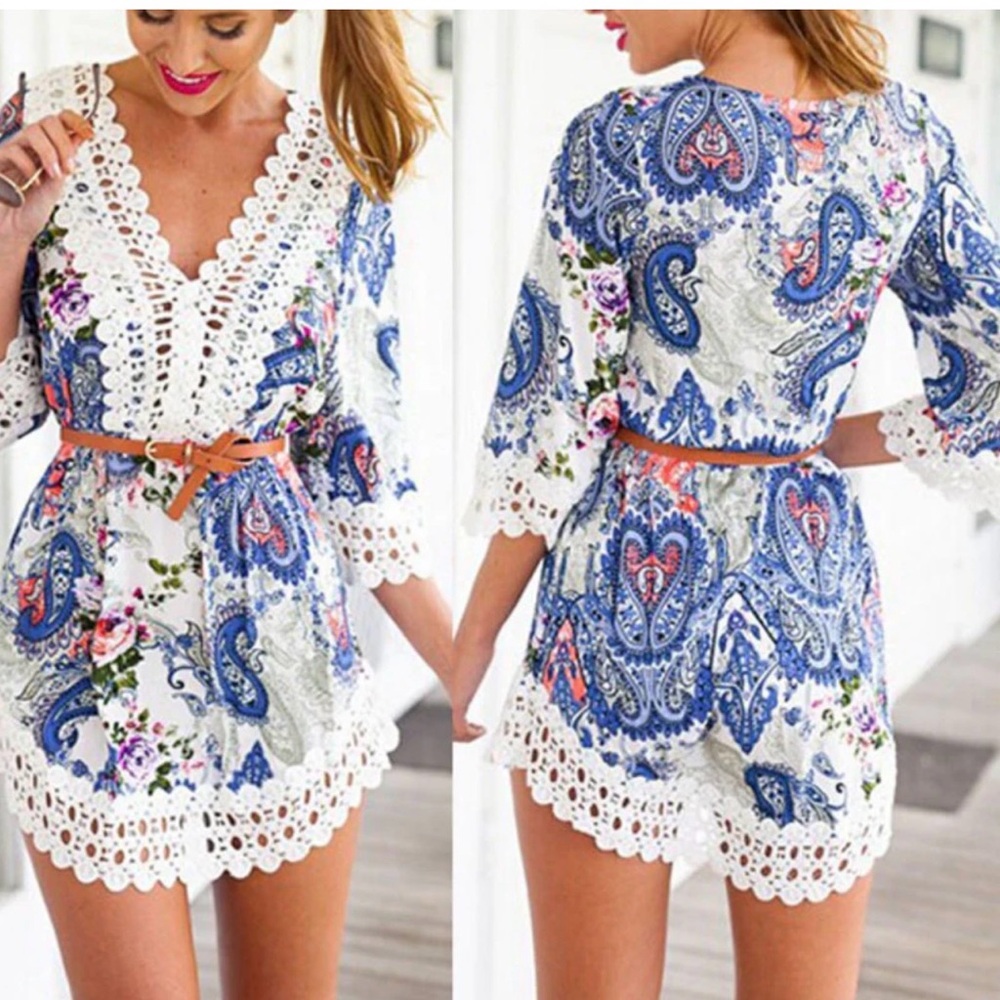 Hello Spring Floral shorts Romper with crochet